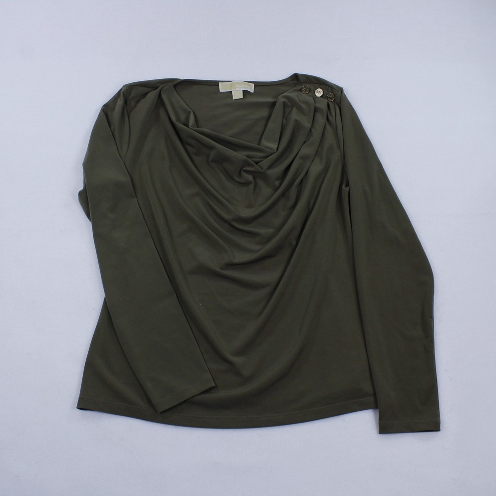 Michael Kors Long-Sleeve Blouse – Button-Detail Cowl Neck – Olive Green – Size M